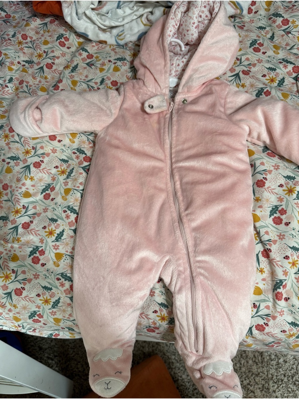 Carter's Light Pink Hooded Plush Baby One-Piece Footed Winter Onsie